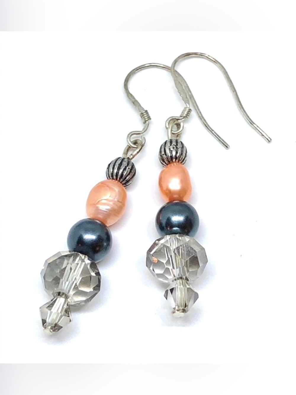 Gray Crystal Peach Orange and Black FW Pearl Antique Silver Tone Dangle Earrings